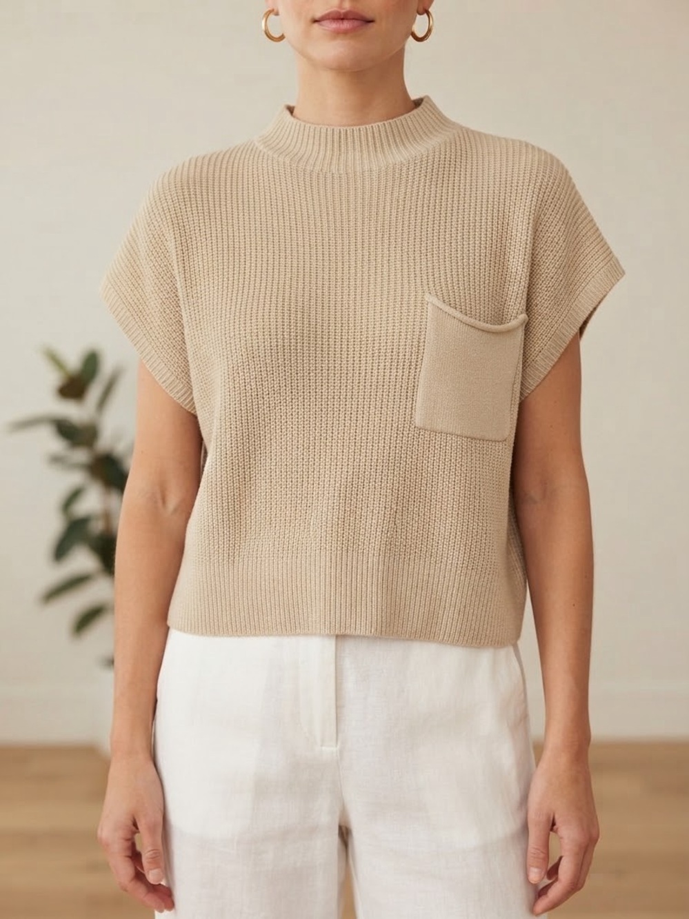 Beige Mock Neck Sleeveless Ribbed Knit Top Chest Pocket M Coastal Grandmother